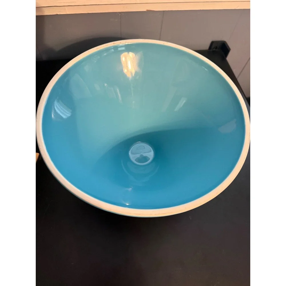 Turquoise Ceramic Pedestal Bowl Embossed Floral Geometric Centerpiece 10in